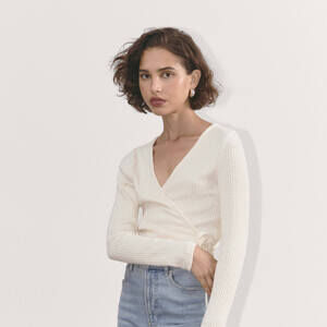 Everlane Cozy Rib Wrap Top in Bone White, Size Large